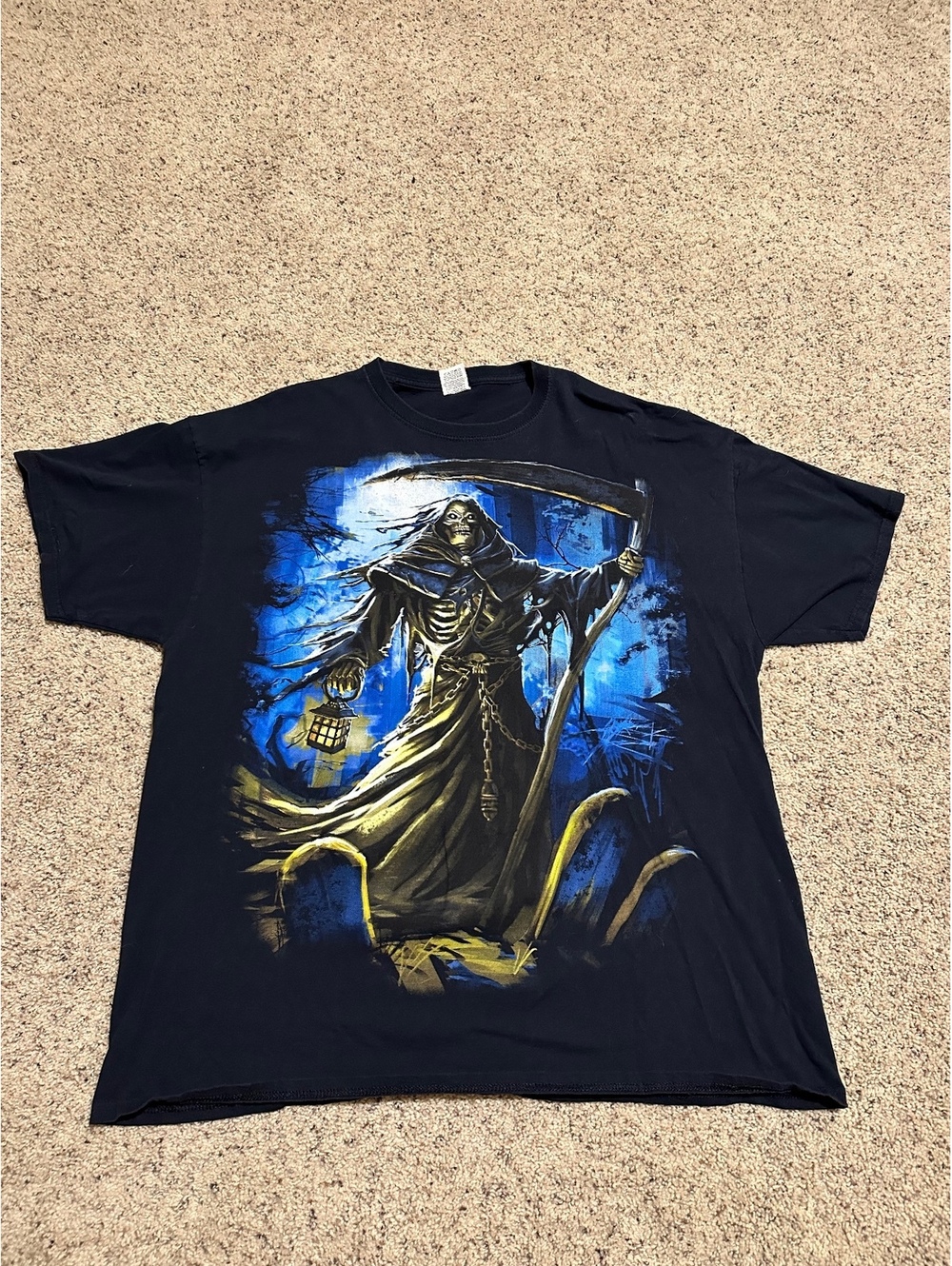 Jerzees Black Graphic T-Shirt with Grim Reaper Design Size 2XL